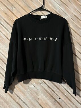 Black 'FRIENDS' Embroidered Logo Crewneck Crop Style Sweatshirt Long Sleeve
